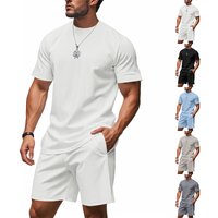2025 Cross-border American Summer Men's Casual Simple Cool Breathable Pit Strip Loose Round Neck Short-sleeved Shorts Set
