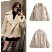 Oversized Faux Shearling Jacket – Distressed Suede Collar, Warm Winter Coat For Women (S-L)