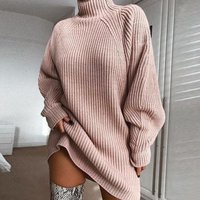 Knitted Sweater Mid Length Raglan Sleeve Half Turtleneck Sweater Dress