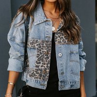 Denim Jacket Women's Long-sleeved Jacket Women's Leopard Print Splicing Jacket