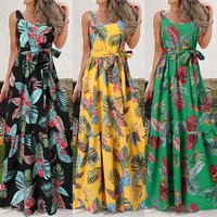 Women's printed casual long skirt belt dress