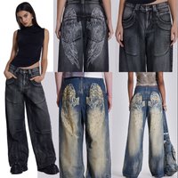 Clothing Washed Old Gradient Wings Printing Retro Loose Wide Leg Denim
