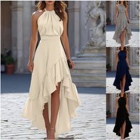 Summer Sleeveless Halter Neck Asymmetrical Ruffle Hem Dress Flowy Boho Chic Beach Cover Up Vacation & Casual Wear