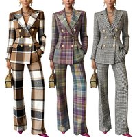Clothing Chic Checkered Pantsuit – Office Ready Blazer & Trousers Set Slim Fit & Stretch Polyester 
