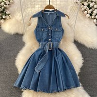 This Summer Hot Denim Dress Is Designed Halter Neck Cinched Waist. Its Short Petite Line Puffy Ple