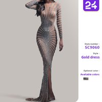 2026 New Spring Cross-Border European And American Fashion Rhinestone Embellished Women's Mesh Sheer Long-Sleeve Slit