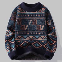 Men's Clothing Winter Fashion Knit Sweater Semi-Turtleneck Pullover With Jacquard Pattern, Breathable & Machine Washable, White/Navy/Green (M-3XL)