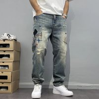 Heavy Washed Distressed Trendy Patchwork High End Embroidery Print Loose Tapered Straight Jeans