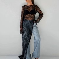 Clothing Sexy See Through Dress Lace Round Neck Long Sleeves Slit Asymmetrical Dress Long Dress Summer