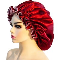 Double layer satin nightcap with cuffs and earrings, shower cap with lace, home hat, large size, ladies princess hat