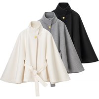 Fashionable Elegant Woolen Jacket Coat Metal Buckle Belt Cape Autumn Winter