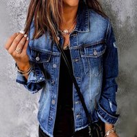 Women's Distressed Denim Jacket With Frayed Hem, Slim Fit Long Sleeve Vintage Coat, High Cotton Content (90%-95%) For Streetwear & Casual Style