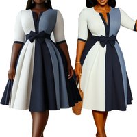Clothing Retro Block V Neck Bow Textured High Quality Slim Waist Line Pleated Dress