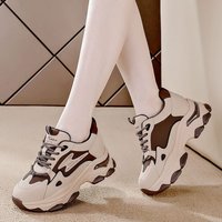 Genuine leather thick sole dad shoes for women with increased shock absorption and lace up color matching mesh red