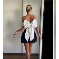One Shoulder Black And White Contrast Waist A Line Design Bowknot Dress