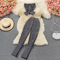 Waist ruffle hottie sexy short hot diamond tube top two-piece suit high-waisted elastic leg pants for women