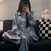 Ice pajamas, women’s matching spring and autumn long sleeved cardigan, high-end  silk home clothing set