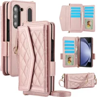 Crossbody Wallet Cards Solt Leather Case Samsung Galaxy Z Fold 6 5 4 3 Fold6 Fold5 Fold4 Pen Holder Lanyard Protect Cover