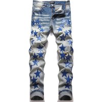 Vintage Punk Rock Distressed Denim Jeans For Men, Slim Fit Skinny Jeans With Ripped Details & Star Stitching, Blue Washed Tapered Leg