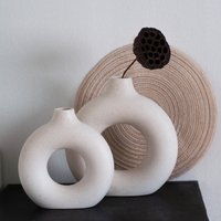 White Ceramic Ring Vase Set – Minimalist Home Decor, Modern Table Centerpiece For Living Room & Office