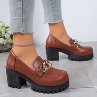 Plus Platform Loafers Round Toe Chunky Heels British Style Low Top Dress Shoes PU Material Rubber Sole