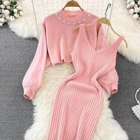 Women’s round neck high waist short puff sleeve sweater suspender skirt two-piece set