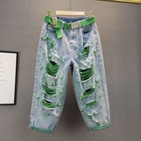 Clothing Loose High Waist Slimming Heavy Industry Pearl Ripped Beggar Jeans Trendy Pants(Belt Not Included)
