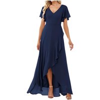 Clothing Double V Neck Backless Chiffon Dress Solid Short Sleeved Long Dress Banquet Bridesmaid Evening Dress
