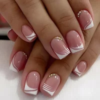 False Nails 24pcs False Nail Full Cover Fake Nail Elegant Pink Gradient Glitter French Short Nails Coffin Short False