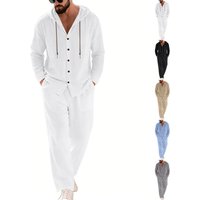 Linen Shirt Trousers Set Casual Hooded Button Down Long Sleeved Top Straight Leg Beach Vacation Two Piece Outfit