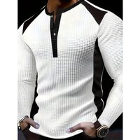 High Neck Button Henley Shirt Waffle Knit Two Tone Casual Long Sleeve T Shirt Breathable Polyester Machine Washable