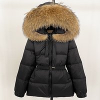 Premium Raccoon Fur Hooded Down Coat Longline Winter Parka Detachable Fur Trim & Waist Tie 90% Duck Down Filling
