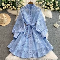 Elegant Female Palace Style Dress French High End Tie Waist Hollow Embroidery Single Breasted Line Skirt