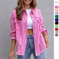 2023 European American style American style ruffled ripped denim jacket autumn winter long sleeve casual lapel top