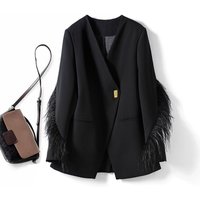 European Style Women's Blazer With Feather Trim - Structured Oversized Single-Button Jacket For Autumn/Winter (Black, Sizes S-2XL)