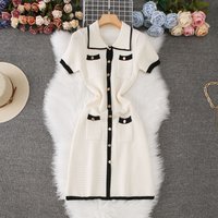 Clothing Knitted Dress Pocket Polo Collar Single Breasted Short Skirt