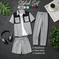 Men's Three Piece Waffle Knit Set Color Blocked Shirt Shorts Trousers Casual Stylish Polyester Spring Summer Autumn Regular Fit