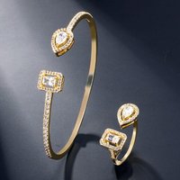 Women's Jewelry Open Bangle Bracelet & Ring Set With Cubic Zirconia Stones Open Full Diamond Water Drop Square Zircon Ring Bracelet