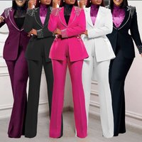 Elegant Pearl-Embellished Stretch Suit Set For Women - Slim Fit Long Sleeve Blazer & Pants - Office Wear & Formal Occasions