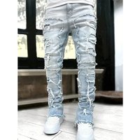 Men's Clothing Stretch Denim Jeans With Patchwork Layered Design - Straight Leg Casual Pants For Teens & Young Adults (Blue, Pink, Khaki, Black)