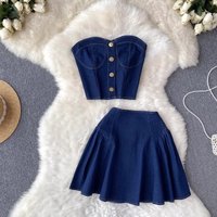 Women's Summer Short Denim Tube Bra Vest Top Two-piece Set High Waist A-Line Skirt