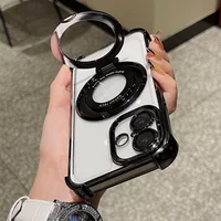 Luxury Plating Transparent Magnetic Holder Phone Case IPhone 16 15 14 13 12 Pro Max Plus IPhoneShockproof Protect Cover