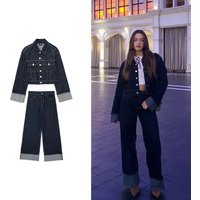 European American Clothing Hot Selling Denim Jacket Coat Flared Hem Pants Suit