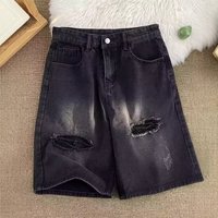 Men's Ripped Denim Shorts Summer Thin Straight Leg Casual Five Point Pants High Street Trend Style