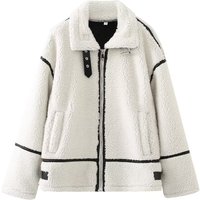 Women's Clothing Patchwork Fleece Jacket For Women - Trendy Oversized Streetwear Coat With Stand Collar & Zip Closure