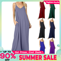 Clothing Solid Pocket Strap Tank Top Loose Long Dress