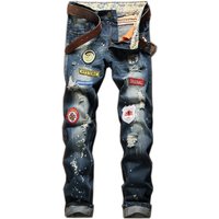 Man's clothing Ripped jeans badge Straight slim jeans splash-ink old hipster pants