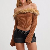 European American Autumn Winter High End Off Shoulder Fur Collar Knitted Top Versatile Y2K Hot Irregular Long
