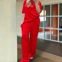 Summer Casual Solid Trousers Set Round Neck Short Sleeved Top Slim Elastic Waist Pocket