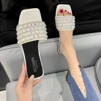 Large Cool 2023 Summer Fashion Outerwear Rhinestone Square Toe Flat Bottomed Slippers